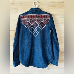 MOTHER Denim Shirt with Red and White Embroidery
